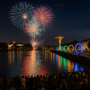 Feux d’artifice au-dessus de la Loire, vue nocturne de Nantes et reflets sur l’eau
