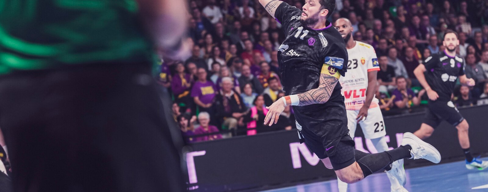 Action du match HBC Nantes contre le Vardar Skopje à la H Arena le 21 octobre 2026
