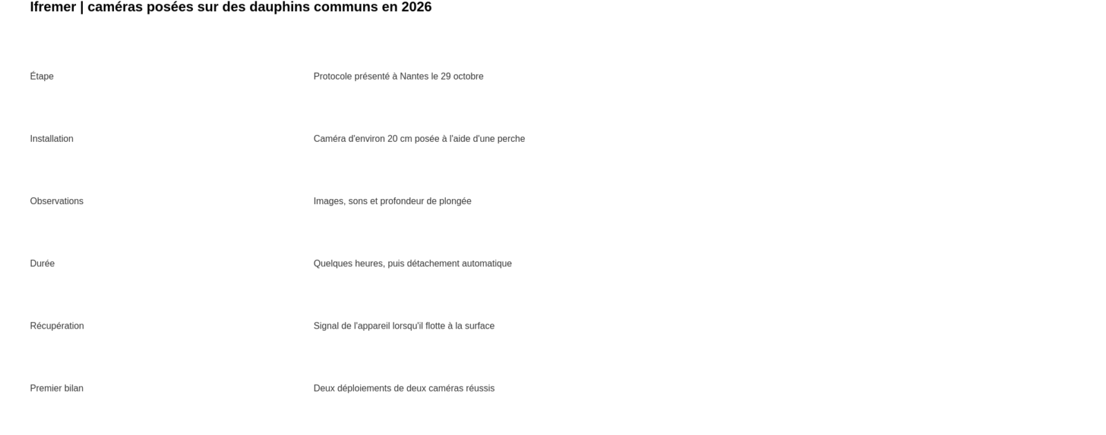 Schéma documentaire du protocole Ifremer de caméras posées temporairement sur des dauphins communs : installation, observations, détachement et récupération.
