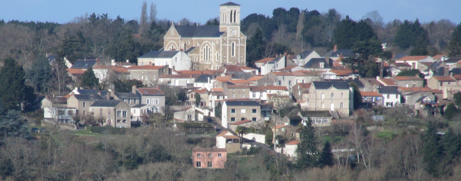 L’église Saint-Martin du Cellier au centre du bourg, photographiée depuis l’Auberdière en janvier 2015