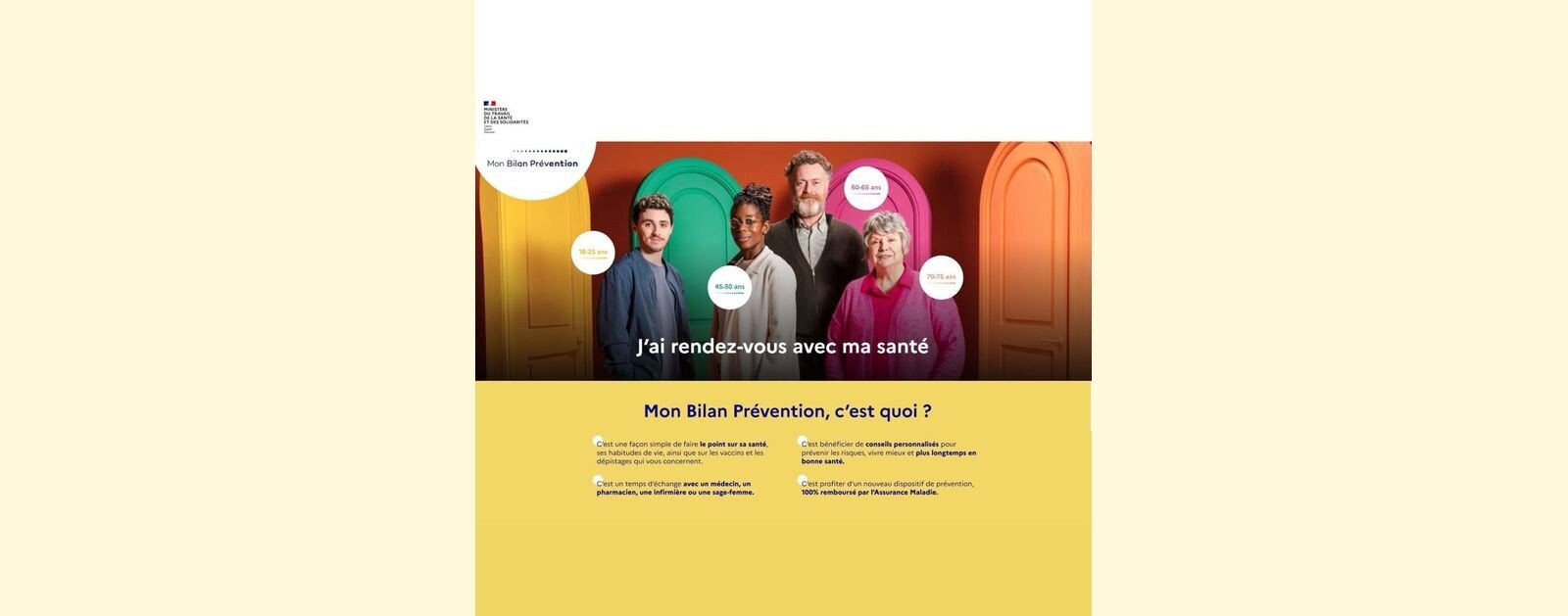 Affiche de la campagne nationale Mon Bilan Prévention avec les quatre tranches d'âge concernées