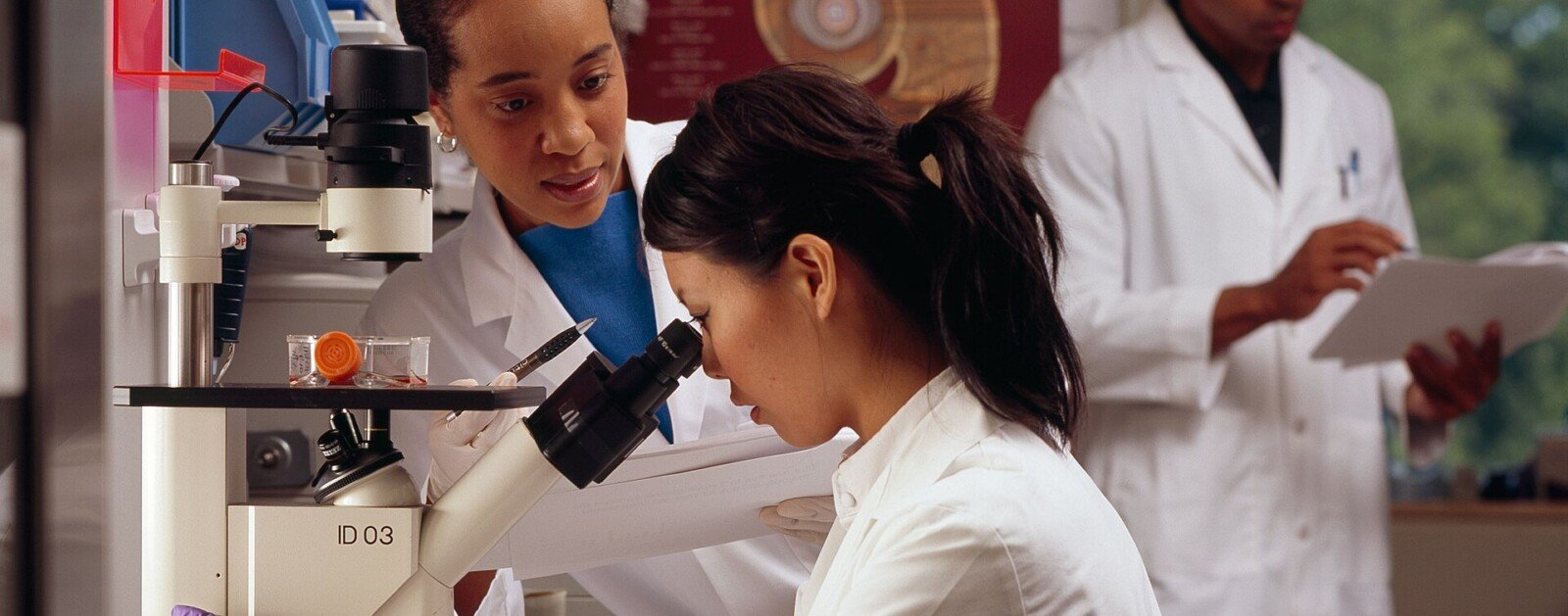 Deux chercheuses utilisant un microscope dans un laboratoire du National Cancer Institute, illustration de la recherche sur le cancer
