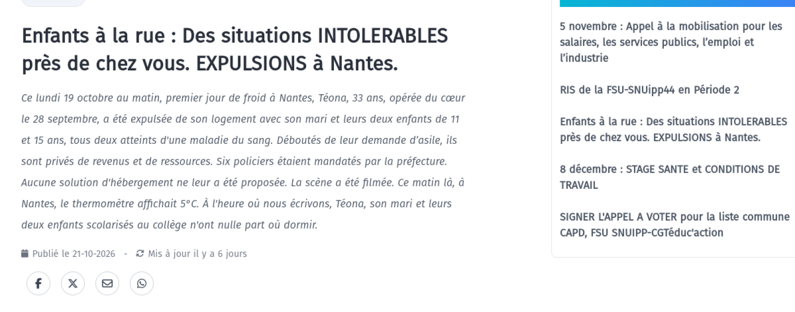Publication de la FSU-SNUipp de Loire-Atlantique sur l'expulsion d'une famille nantaise avec enfants, le 19 octobre 2026