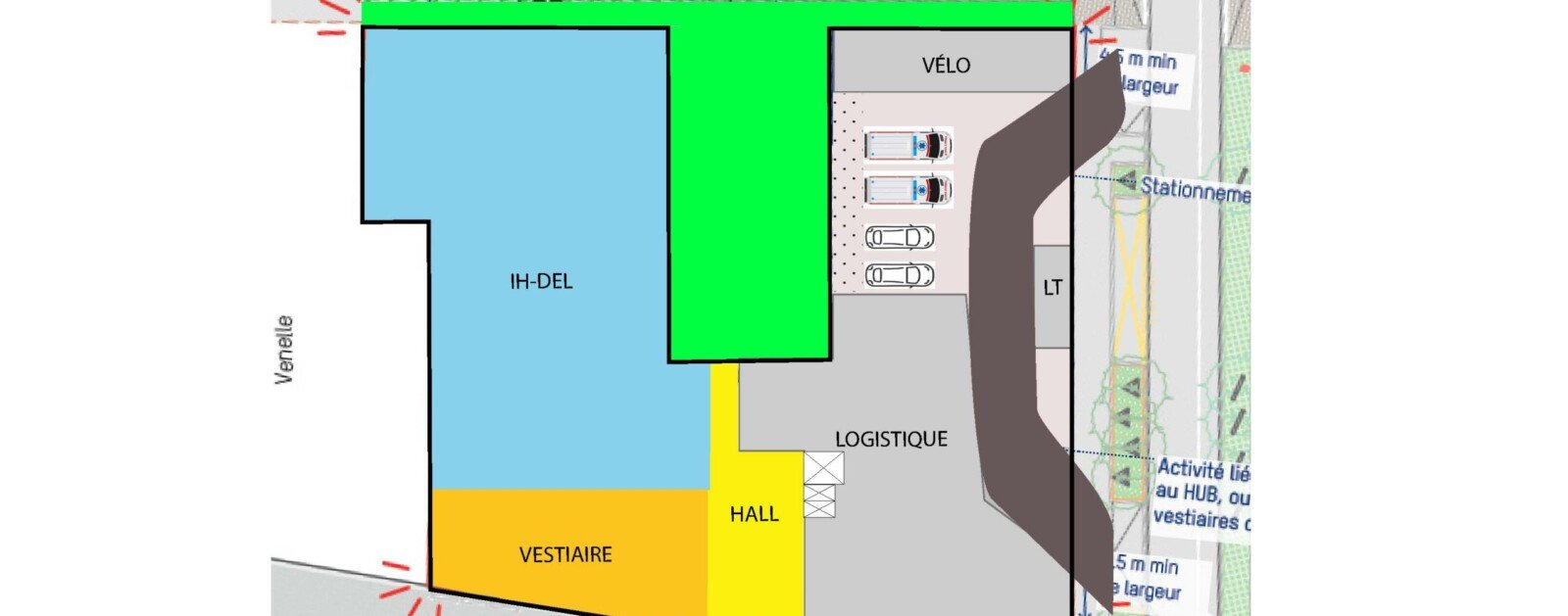 Plan de principe du rez-de-chaussée du projet EFS sur l’île de Nantes, document de programmation Embase