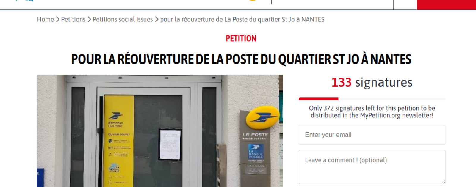 Capture de la pétition en faveur de la réouverture de La Poste du quartier Saint-Joseph-de-Porterie à Nantes