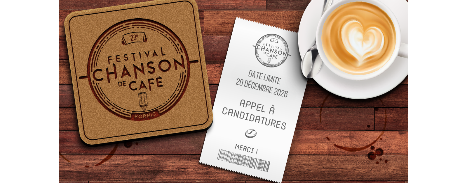 Bandeau officiel de l’appel à candidatures au Festival de la Chanson de Café 2027 de Pornic, conservé sans déformation.
