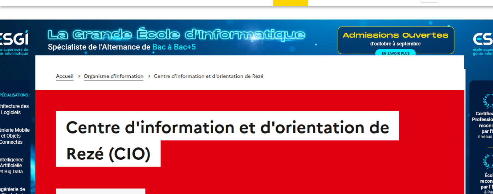 Fiche officielle Onisep du Centre d'information et d'orientation de Rezé, dont l'adresse actuelle est le 6 rue François-Marchais