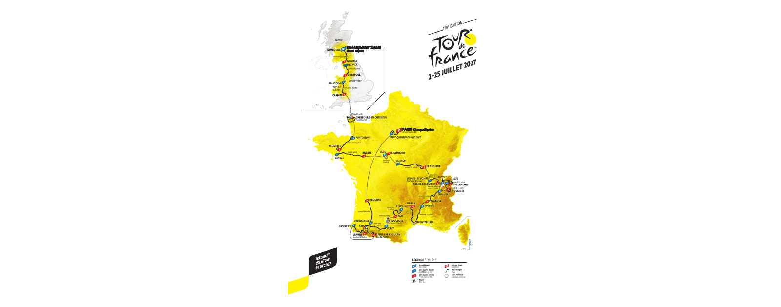 Carte officielle du Tour de France 2027 montrant notamment l’étape Vannes–Angers du 8 juillet.