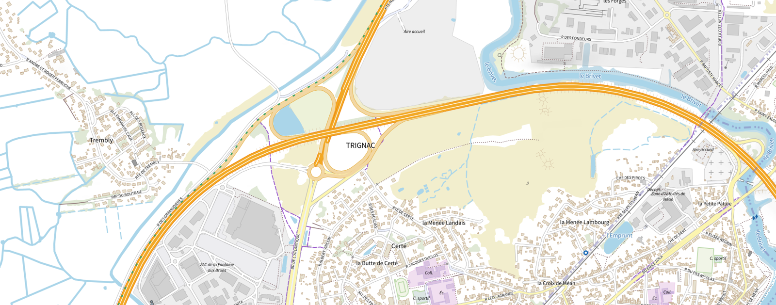 Carte IGN du secteur de l’échangeur de Certé à Trignac, au croisement de la RN171 et de la D213, avec Certé et le boulevard de l’Atlantique au sud